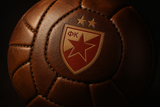 Close-up detail of Red Star Belgrade leather soccer ball craftsmanship