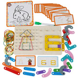 Montessori geometrijska slagalica 3-u-1 – komplet drvenih delova i elastičnih traka.