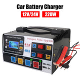 Pametni punjač akumulatora za automobil 220W – EU priključak, 12V/24V, sa LCD ekranom i funkcijom pulse popravke